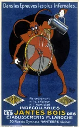 Diable rouge devant une roue de vélo illustrant une publicité pour les jantes en bois des établissements Laroche (Nanterre) (gravure)