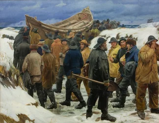 Le canot de sauvetage est emmené à travers les dunes, 1883