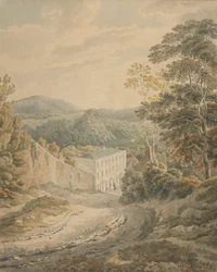 Paysage, vue en descente vers un village dominé par une grande maison en pierre à trois étages