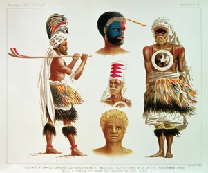Divers costumes de danse portés à Nakello, Fidji, illustration de 