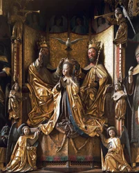 Couronnement de la Vierge, autel, vers 1470-1480, par Michael Pacher (mort en 1498), bois sculpté, ancienne église paroissiale de Gries, San Quirino, Bolzano, Trentin-Haut-Adige, Italie