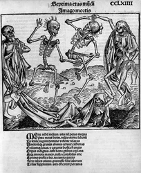 Scène de danse macabre, avec des squelettes, -dans « Chroniques de Nuremberg » par Hartmann Schedel (1440-1514), édité à Nuremberg par Anton Koberger, 12 juillet