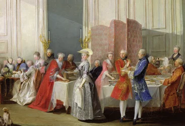 Thé anglais dans le Salon des Quatre Glaces de la maison du prince de Conti (1717-76), Palais du Temple, détail des invités, 1766