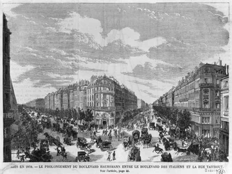 Paris en 1878, boulevard Haussmann prolongé entre le boulevard des Italiens et la rue Taitbout, gravé par Louis Dumont (né en 1822), fin du XIXe siècle