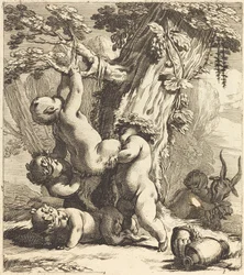 Putti et faunes grimpant sur une vigne