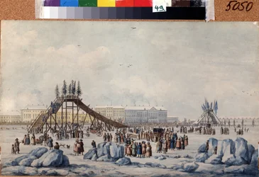 Une rampe de montagne russe sur la Neva au carnaval. Œuvre de Michel François Damam Demartrait (1763-1827). Aquarelle et encre sur papier, vers 1810, 33 x 54 cm, art français, classicisme. Musée mémorial A. Pouchkine