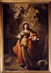 Sainte Marguerite. Dans sa main un crucifix et à ses pieds le dragon