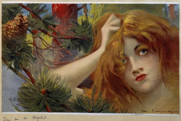 Femme rousse inquiète, tête levée - chromo. par Simondy