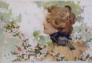 Femme parmi les fleurs - chromo. par Simondy