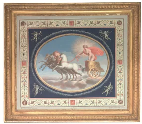 Un des quatre panneaux décoratifs représentant Apollon, Mars, Vénus et Mercure dans des chars, entourés de grotesques pompéiens (aquarelle sur papier).