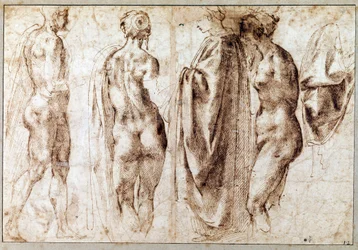 Groupe de quatre figures debout et un drapé Dessin à la plume de Michel-Ange (Michelangelo)