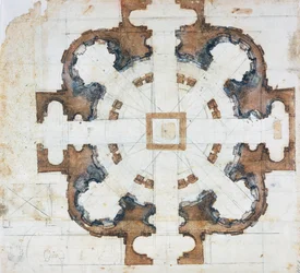 Plan de la basilique de San Giovanni dei Fiorentini à Rome, vers 1559, dessin de Michel-Ange Buonarroti