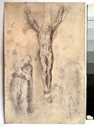 Étude pour une crucifixion. Représentation du Christ en croix avec la Vierge et Saint Jean. Dessin par Michelangelo Buonarroti dit Michel-Ange
