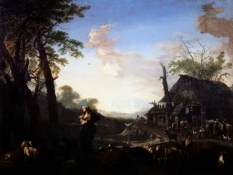 Erminia parmi les bergers, par Michelangelo Cerquozzi dit Michelangelo delle Battaglie (1602-1660), huile sur toile, 75 x 97 cm