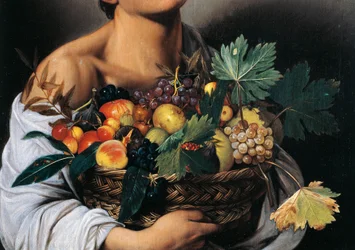 Garçon avec un panier de fruits, détail