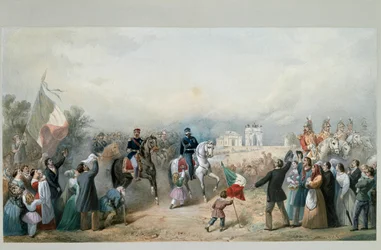 Entrée triomphale du roi de Sardaigne Vittorio Emanuele II et de Napoléon III à Milan le 8 juin 1859