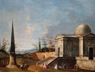Figures élégantes devant une église classique à dôme, un obélisque à gauche