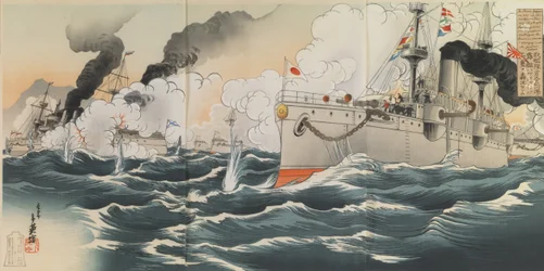 Grande victoire : Notre flotte a coulé deux navires russes, le Varyag et le Korietz, respectivement, le 9 février 1904 au port de Jinsen (Chemulpo)