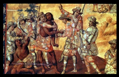 Détail des Conquistadors coupant les mains de deux espions de Xicotencatl