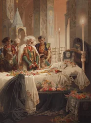 Tamara dans le cercueil. Illustration du poème Le Démon de Mikhaïl Lermontov, vers 1880