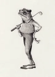 Une grenouille en tenue de golf vintage