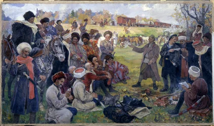 Les agitateurs bolcheviks dans la division sauvage du général Kornilov près de Gatchina en août 1917