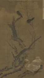 Mainates, oies et prunier en fleurs