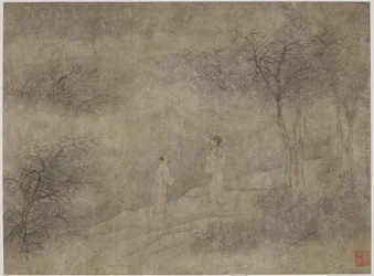 Deux hommes marchant dans un bosquet brumeux