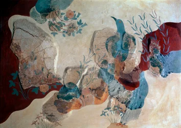 Art minoen : « Oiseau bleu ». Fragment de fresque de la Maison des Fresques. 1500 av. J.-C. Héraklion, Musée archéologique, Crète - Art minoen : oiseau bleu. Fragment de la fresque montrant un oiseau parmi les rochers, les roses sauvages et les iris, de