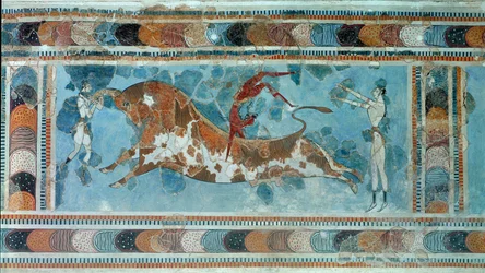 Civilisation minoenne : scène de taurokathapsia, sport crétois consistant à sauter sur le dos d