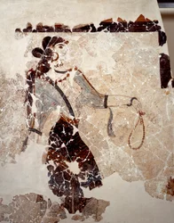 Civilisation minoenne: femmes en adoration. Détail. Fresque du bassin lustral de Xeste 3 à Akrotiri (Thera), Santorin. Dim. 143x381 cm 16e siècle av. J.-C. Santorin, Collection de fresques d