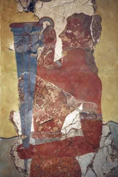 Art minoen. Le « Porte-coupe », une figure de la fresque de la Procession. Reconstitution originale à partir des rares fragments trouvés par A. Evans sur le site archéologique de Cnossos et aujourd