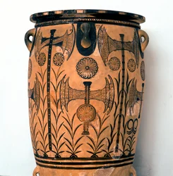 Art minoen : vase en terre cuite de la période néopalatiale, décoré de symboles des divinités et de représentations du ciel et de la terre, ainsi que de la double hache, symbole de la civilisation crétoise. De Cnossos (Cnossos), musée archéologique