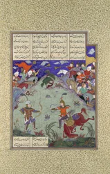 Le combat de Rustam et Ashkabus, folio 268v du Shahnama, vers 1525-30
