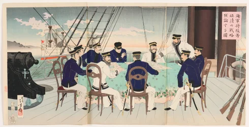Officiers de marine discutant des stratégies de bataille pour la soumission de la Chine
