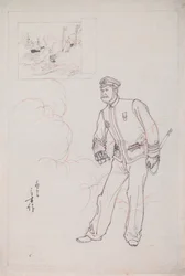 Dessin préparatoire pour une gravure sur bois représentant un officier naval japonais pendant la guerre sino-japonaise