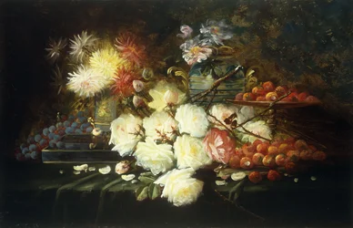 Nature morte avec roses, chrysanthèmes, raisins et fraises