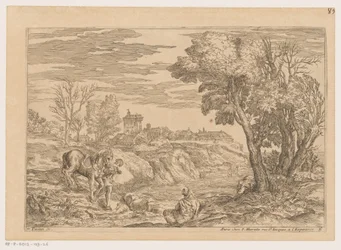 Paysage avec un homme à cheval traversant une rivière