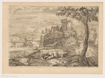 Paysage avec berger au repos, rivière avec pont et moulin à eau en arrière-plan (Paysages d
