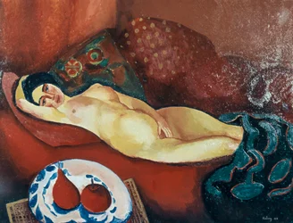 Nu sur canapé rouge (huile sur toile)