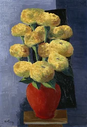 Yellow Flowers in a Red Vase ; Fleurs Jaunes dans un Vase Rouge