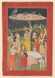 Krishna tenant le mont Govardhan, école Pahari (Peinture)