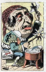 Allégorie du journal français Le Figaro dans « Le Trombinoscope » par Touchatout, caricature par B. Moloch de 1882 - Collection privée