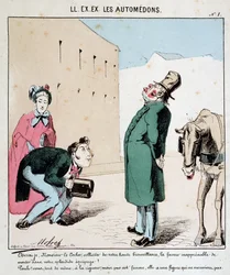 HE. EX. EX. Motoredons : Caricature du transport en ville. Un homme supplie un cocher de transporter lui et sa femme. Le cocher hautain refuse de laisser monter la femme. Dessin de Moloch (1849-1909), vers 1860