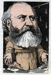Portrait de Charles Gounod (1818-1893), compositeur français dans "Le Trombinoscope" par Touchatout, caricature de B. Moloch de 1882 (1849-1909). Collection privée.