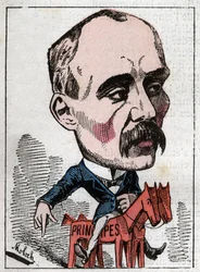 Portrait de Georges Clemenceau (1841-1929), homme politique dans « Le Trombinoscope » par Touchatout, caricature de B. Moloch de 1882 (1849-1909). Collection privée