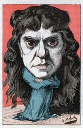 Portrait de Marie Laurent ou Marie Luguet, artiste dramatique française du XIXe siècle dans « Le Trombinoscope » par Touchatout, caricature par B. Moloch