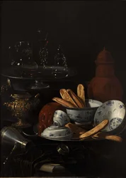 Nature morte avec bleu et porcelaine et toast