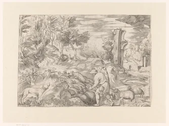 Paysage avec berger et troupeau de moutons