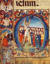Ms 543 f.5v Initiale historiée O avec la Crucifixion de Saint André, d